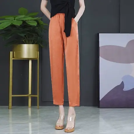 冰丝缎面哈伦裤子女夏季薄款垂感松紧高腰系带九分时尚压花休闲裤图片