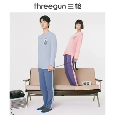 【抗静电】三枪家居服男女纯棉圆领印花春季情侣睡衣套装商品大图