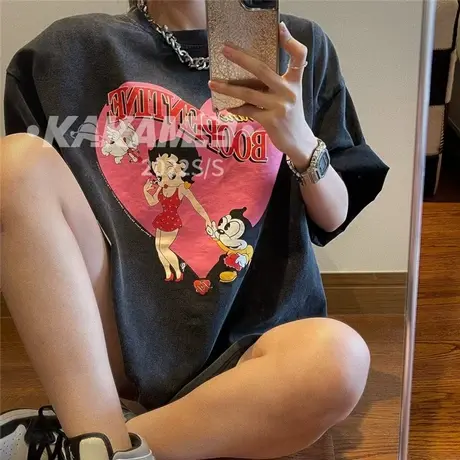 包邮2022夏新款动漫周边贝蒂小姐心形手拉手卡通印花女短袖T恤商品大图