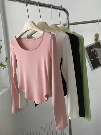 温柔晚风 露锁骨方领莫代尔打底衫女宽松性感显瘦软糯舒适长袖T恤商品大图