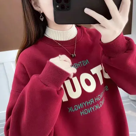 半高领卫衣女秋冬韩版宽松大码设计感小众加绒加厚假两件上衣外套图片