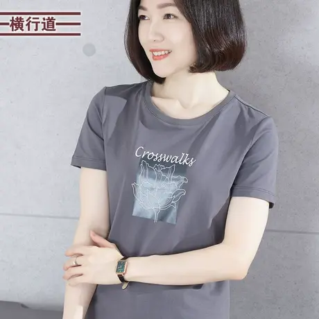 短袖t恤女夏季圆领玫瑰印花宽松大码 外穿打底灰色半袖上衣夏款女图片