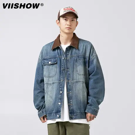 VIISHOW美式经典复古拼色牛仔外套男潮牌痞帅潮流水洗工装夹克商品大图