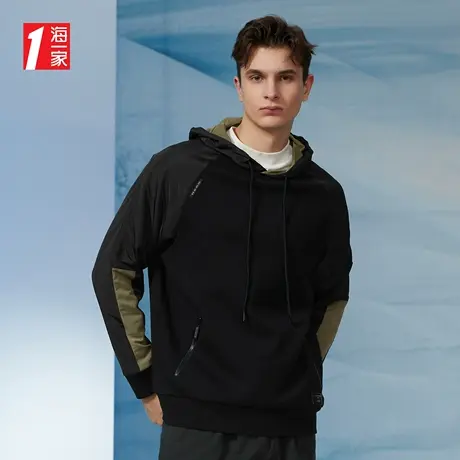 海一家舒适插肩袖套头衫连帽时尚休闲拼色卫衣男图片