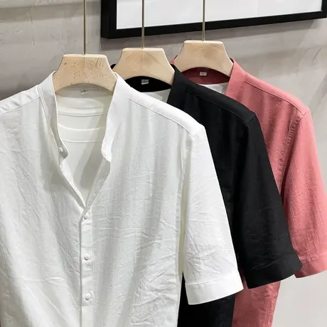 夏季新款休闲短袖衬衫男中式立领百搭白色中袖衬衣修身亨利设计感图片