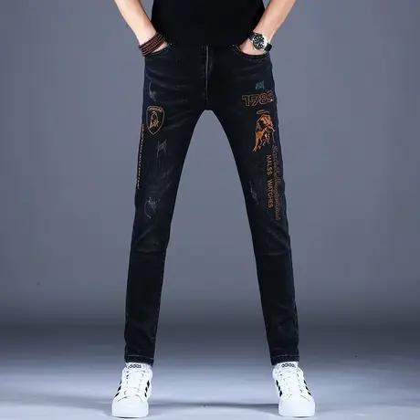 2023男士新款春秋牛仔裤男高端刺绣修身小脚裤子百搭潮牌休闲男款商品大图