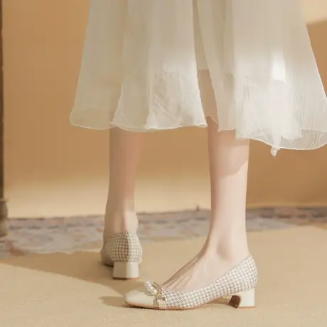 设计感小众千鸟格单鞋女2023春夏季新款气质方头不累脚粗跟高跟鞋图片