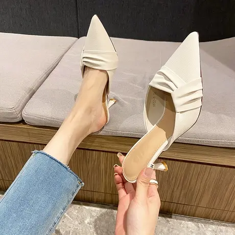 法式小众包头半拖鞋女2023年夏季新款尖头细跟外穿懒人高跟凉拖鞋商品大图