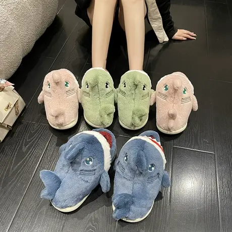 踩屎感棉拖鞋女士冬季包跟鲨鱼可外穿情侣室内家居防滑暖毛绒厚底商品大图