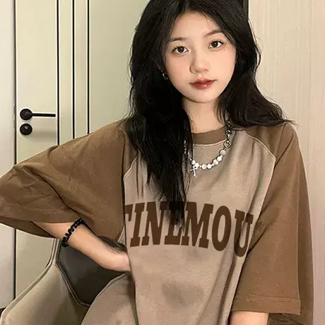 大码美式正肩短袖t恤女装胖mm夏季宽松设计感小众插肩上衣潮200斤图片