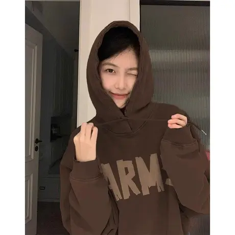 大码胖mm春秋季美式复古正肩卫衣女连帽美拉德时髦上衣潮2-300斤商品大图