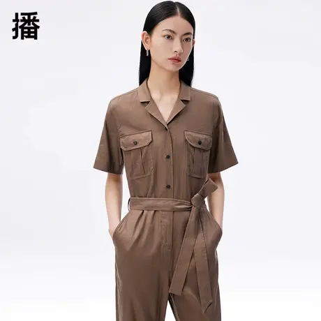 播2024春季新款休闲翻领腰带装饰脚口卷边高腰连体裤女DDQ3JD5039图片