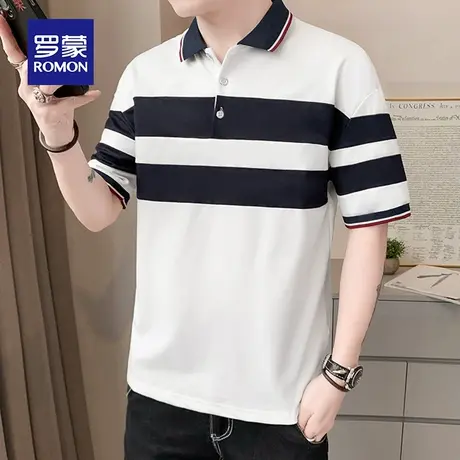 罗蒙男士短袖Polo衫夏季薄款冰天丝条纹带翻领T恤商务男装上衣服商品大图