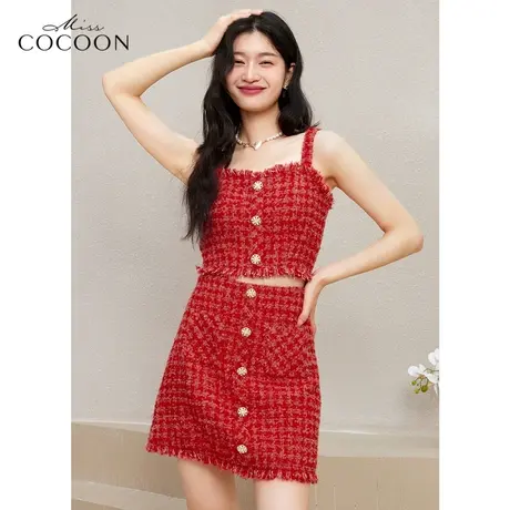 missCOCOON红色小香风吊带女2023新款春季内搭打底粗花呢背心上衣图片