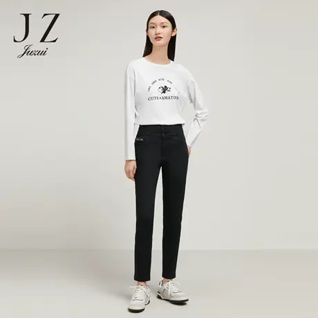 JZ玖姿高腰小脚设计感牛仔裤女装2022秋季新款时尚深色休闲裤子商品大图