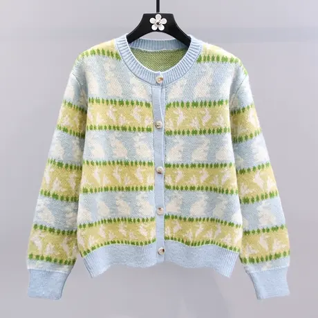 小清新卡通提花毛衣外套女秋冬2023新款宽松百搭减龄长袖针织开衫图片
