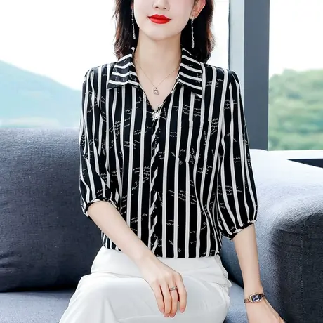 夏装女上衣2023年新款条纹气质七分袖减龄显瘦雪纺衬衫女漂亮小衫商品大图