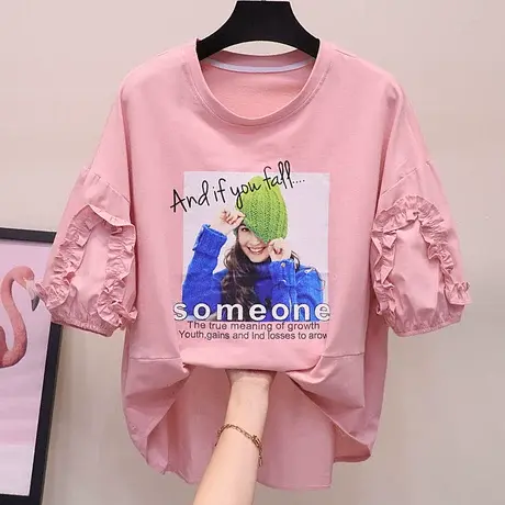 2023夏新韩版气质圆领美女印花打底上衣T恤衫宽松网红洋气小衫t恤商品大图