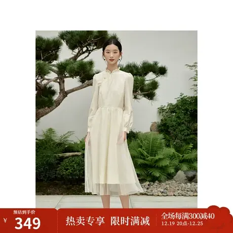 国色新中式斜襟荷叶边领连衣裙2023秋女装新款长袖欧根纱长裙图片