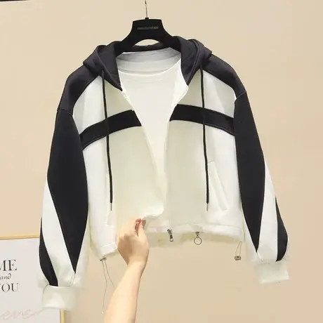 百搭显瘦小个子短款撞色连帽上衣潮早秋新品休闲拼色卫衣短外套商品大图