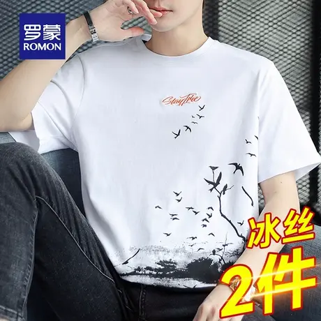 罗蒙男士冰丝短袖T恤夏季薄款潮牌印花圆领男装上衣服休闲半袖体t商品大图