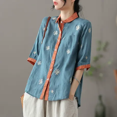 dza 复古宽松亚麻上衣女士短袖衬衫夏季薄款漂亮气质棉麻衬衣外穿商品大图