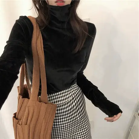 金丝加绒高领打底衫女春秋冬内搭长袖洋气黑白色保暖上衣秋季新款商品大图