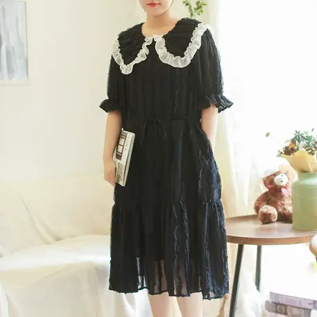 胖妹妹夏季2023新品花边领雪纺短袖连衣裙大码微胖复古宽松鱼尾裙商品大图