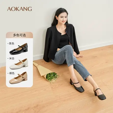 奥康 女鞋2025春季玛丽珍真皮气质方头简约百搭一字带中跟单鞋商品大图