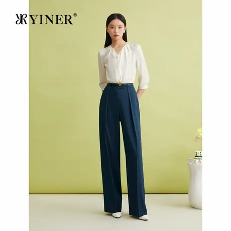 YINER音儿女装夏季法式优雅皱褶拼接V领真丝桑蚕丝衬衫上衣商品大图