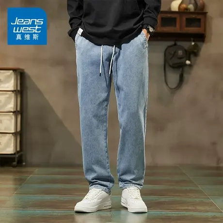 KZ真维斯高端潮牌牛仔长裤男士松紧腰抽绳2025年新款春秋季男裤子商品大图