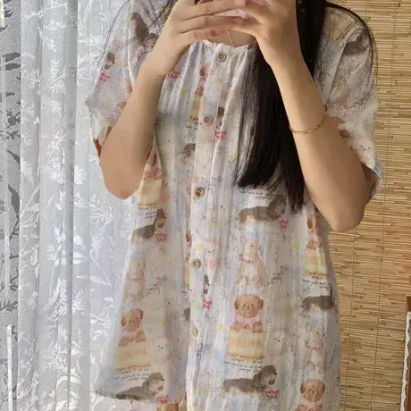 夏季新品！圆领狗狗乐园纯棉双层纱短袖短裤套装可爱休闲家居服商品大图