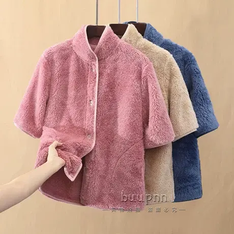 珊瑚绒短袖家居服外套女秋冬半袖开衫马甲上衣单件五分袖商品大图
