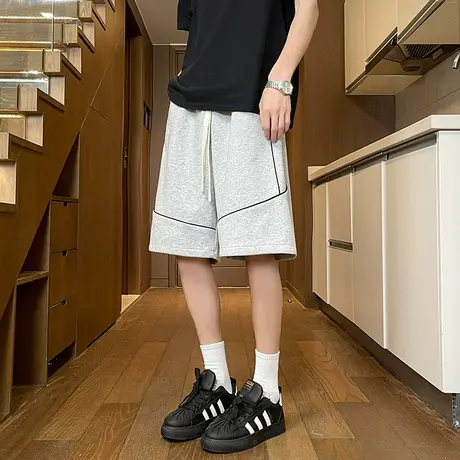 外穿冰丝短裤男生潮流休闲宽松青少年运动五分裤潮款修身显瘦黑色商品大图