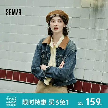 森柔牛仔|森马牛仔外套女短款翻领做旧衣服秋复古夹克小个子街头图片