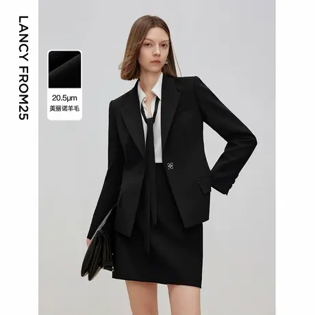 朗姿法式羊毛高级感西服设计感商务收腰黑色西装外套2025年春新款图片