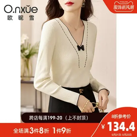 欧昵雪2023秋季新款针织衫女气质V领蝴蝶结修身显瘦长袖套头上衣商品大图