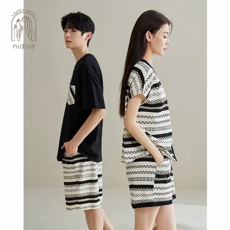 妮狄娅2024情侣睡衣女夏季纯棉开衫男套头可外穿度假风家居服套装图片