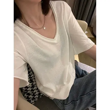 纯色V领T恤大码纯欲风oversize宽松显瘦大领口短袖ins潮纯棉上衣图片