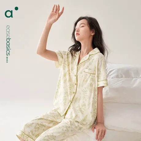 安之伴薄荷曼波风小众绿色睡衣女夏季短袖套装纯棉七分裤家居服薄商品大图