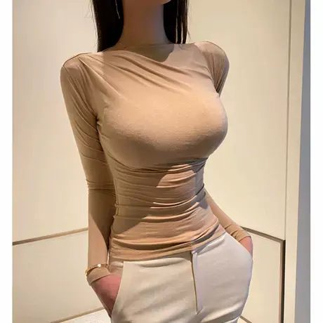 现货~Onoev新款一字领长袖褶皱女人味优雅紧身T恤图片