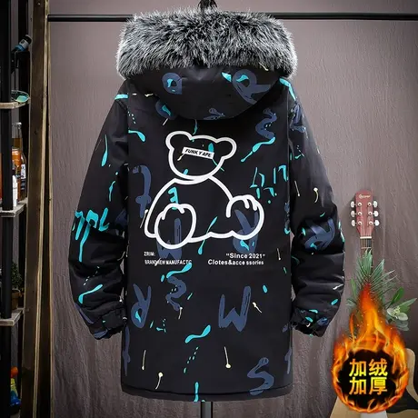 男士棉衣中长款2023年冬季新款潮流加绒加厚棉服潮牌青少年派克服商品大图