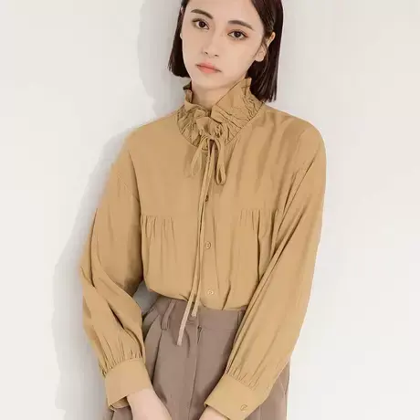 桔熊春秋季法式复古半高领抽皱绑结衬衫长袖上衣女装大码AB17603商品大图