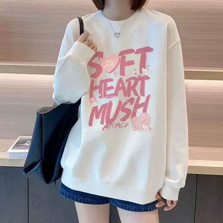 白色圆领卫衣女2025年秋季新款爆款冬季加绒加厚oversize长袖上衣商品大图