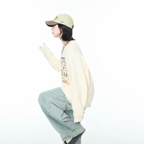 美式复古字母动物印花卫衣女秋季2025新款宽松圆领套头上衣外套潮商品大图