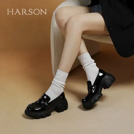 哈森厚底高跟乐福鞋女春季新款黑色漆皮亮面深口单鞋HS252505商品大图