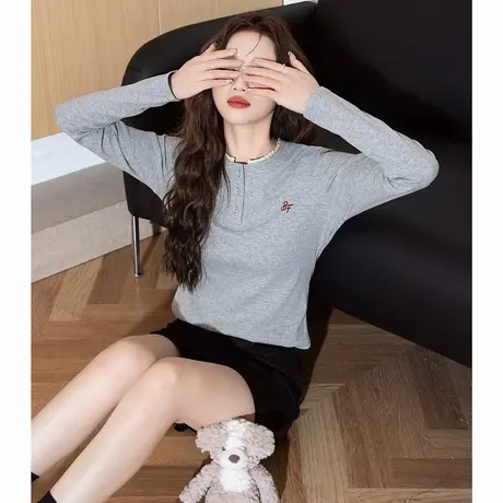 唐狮秋冬新款女长袖T恤甜美花边圆领修身设计感打底衫上衣好看tu商品大图