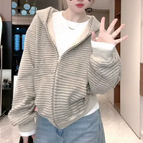 美式慵懒风连帽条纹拉链卫衣外套女秋季高级感拼色宽松时尚上衣潮商品大图