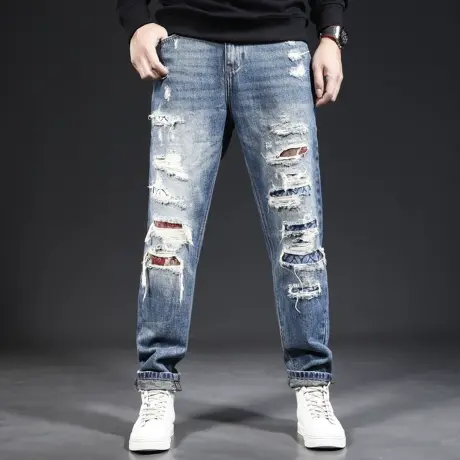 2023秋季新款破洞牛仔裤男直筒宽松潮牌潮流补丁帅气男士裤子痞帅商品大图