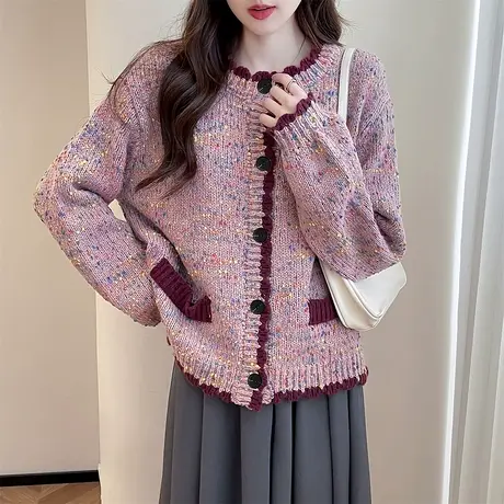 唐狮秋冬季女毛衣小香风撞色设计花纱圆领开衫红色费尔岛外套TD图片